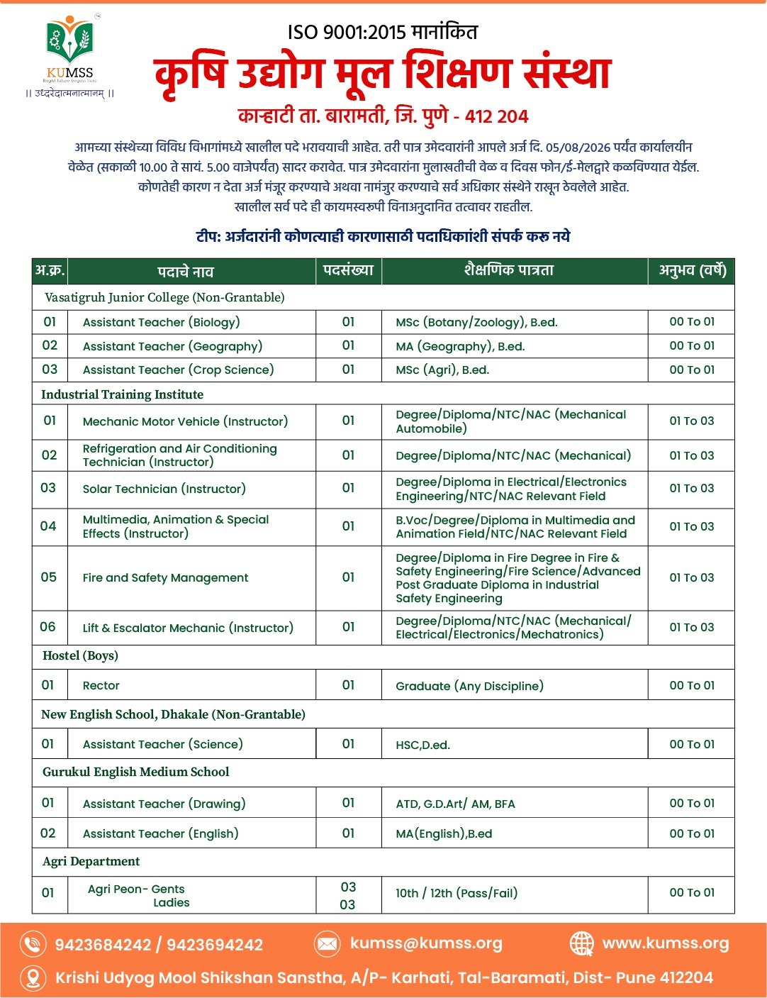 KUMSS recruitment 2026 poster showing vacancies for assistant teachers, instructors, rector and agri peon posts